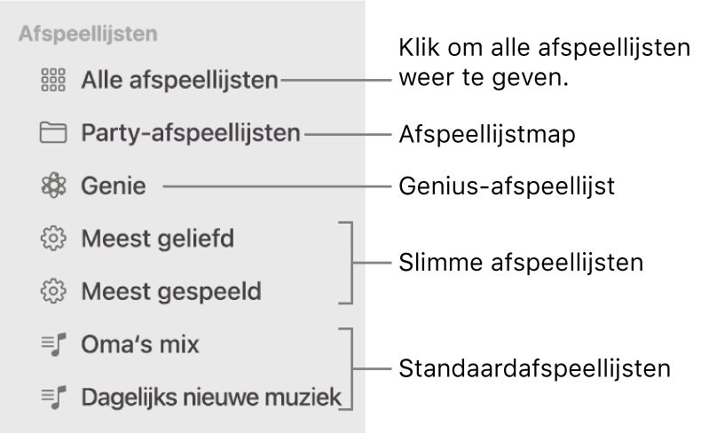 In de navigatiekolom van Muziek zie je de diverse typen afspeellijsten: Genius-, slimme en standaardafspeellijsten. Klik op 'Alle afspeellijsten' om ze allemaal te bekijken.