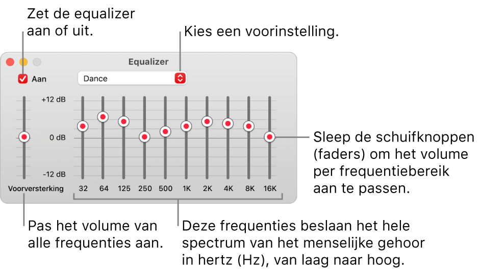 Het venster 'Equalizer': Het aankruisvak waarmee je de Muziek-equalizer inschakelt, bevindt zich linksbovenin. Ernaast zie je het venstermenu met de voorinstellingen van de equalizer. Helemaal links pas je het algemene volume van frequenties aan met de voorversterker. Onder de voorinstellingen van de equalizer pas je het geluidsniveau per frequentiebereik aan. Elk bereik vertegenwoordigt een bepaald gedeelte van het menselijk gehoor, van laag naar hoog.