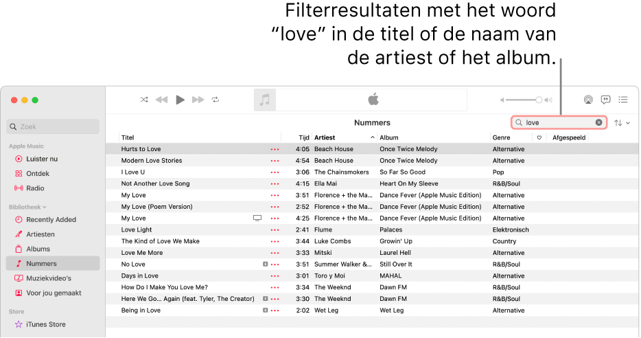 Het Muziek-venster met de lijst met nummers die worden weergegeven wanneer rechtsboven in het filterveld het woord "love" wordt getypt. De nummers in de lijst hebben het woord "love" in de titel of in de naam van de artiest of het album.