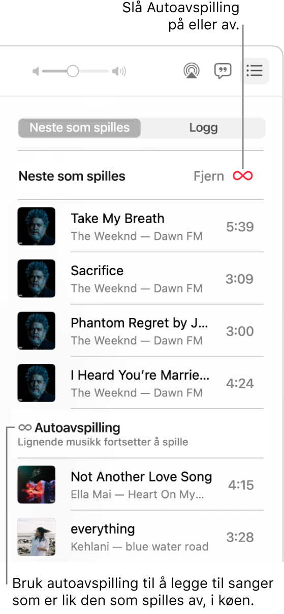 Neste som spilles-køen. Klikk på Autoavspilling-knappen for å slå den på eller av. Når Autoavspilling er på, legges lignende sanger til i køen.