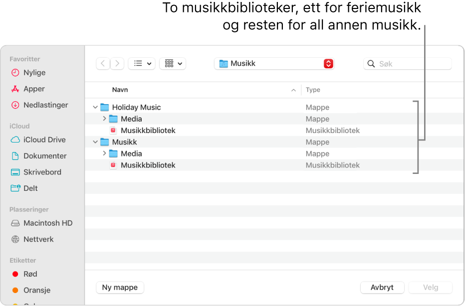 Finder-vinduet som viser flere biblioteket – ett for feriemusikk og et annet for resten av musikken.