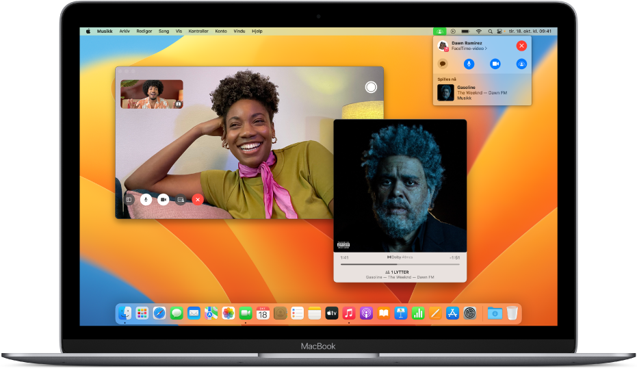 FaceTime-vinduet, som viser et anrop med deltakere som bruker SharePlay til å lytte til et album sammen.