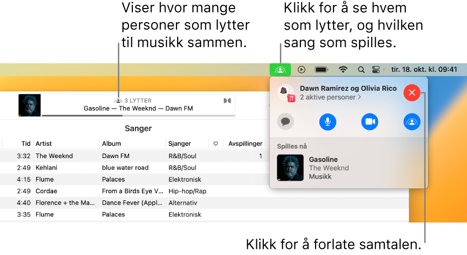 Apple Music-vinduet med en sang som spilles av med SharePlay. Avspillingsvinduet viser hvor mange personer som lytter til musikk sammen. Klikk på SharePlay-knappen til høyre for å se hvem som lytter og hvilken sang som spilles av. Under kan du klikke på Lukk-knappen.