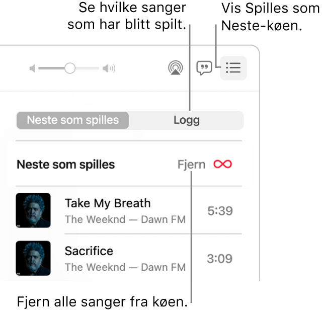 Øverste høyre hjørne i Musikk-vinduet med Neste som spilles-knappen i banneret som viser Neste som spilles-køen. Klikk på Logg-lenken for å se tidligere avspilte sanger. Klikk på Fjern-lenken for å fjerne alle sanger fra køen.