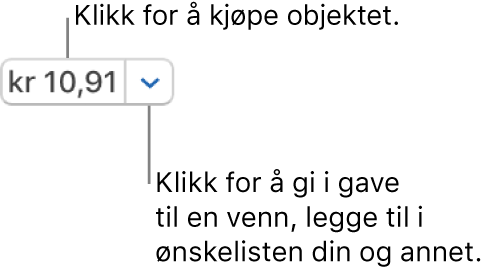 En knapp som viser en pris. Klikk på prisen for å kjøpe objektet. Klikk på pilen ved siden av prisen for å gi objektet til en venn, legge til objektet i ønskelisten og annet.