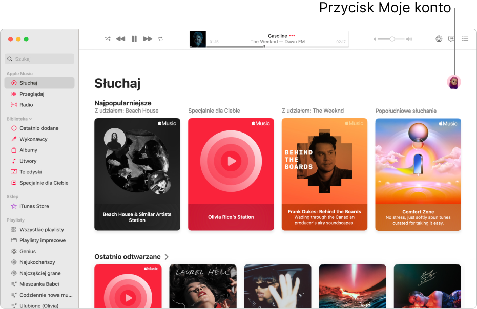 Okno Apple Music wyświetlające widok Słuchaj. Przycisk Moje konto (oznaczony ikoną zdjęcia lub monogramem), znajdujący się w prawym górnym rogu okna.