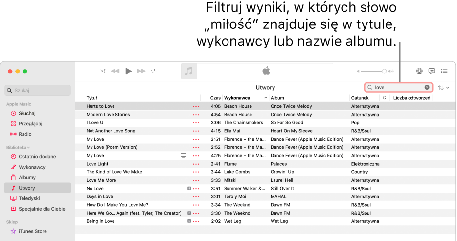 Okno Apple Music z listą utworów wyświetlaną po wprowadzeniu „love” w polu filtra w prawym górnym rogu. Utwory znajdujące się na liście zawierają słowo „love” w tytule, nazwie wykonawcy lub tytule albumu.