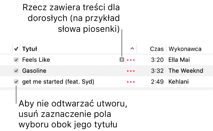 Fragment listy utworów w kategorii Muzyka z widocznymi polami wyboru. Pierwszy utwór oznaczony jest jako przeznaczony tylko dla osób dorosłych (ponieważ na przykład jego słowa zawierają wulgaryzmy). Jeśli utwór nie ma być odtwarzany, należy usunąć zaznaczenie jego pola wyboru.