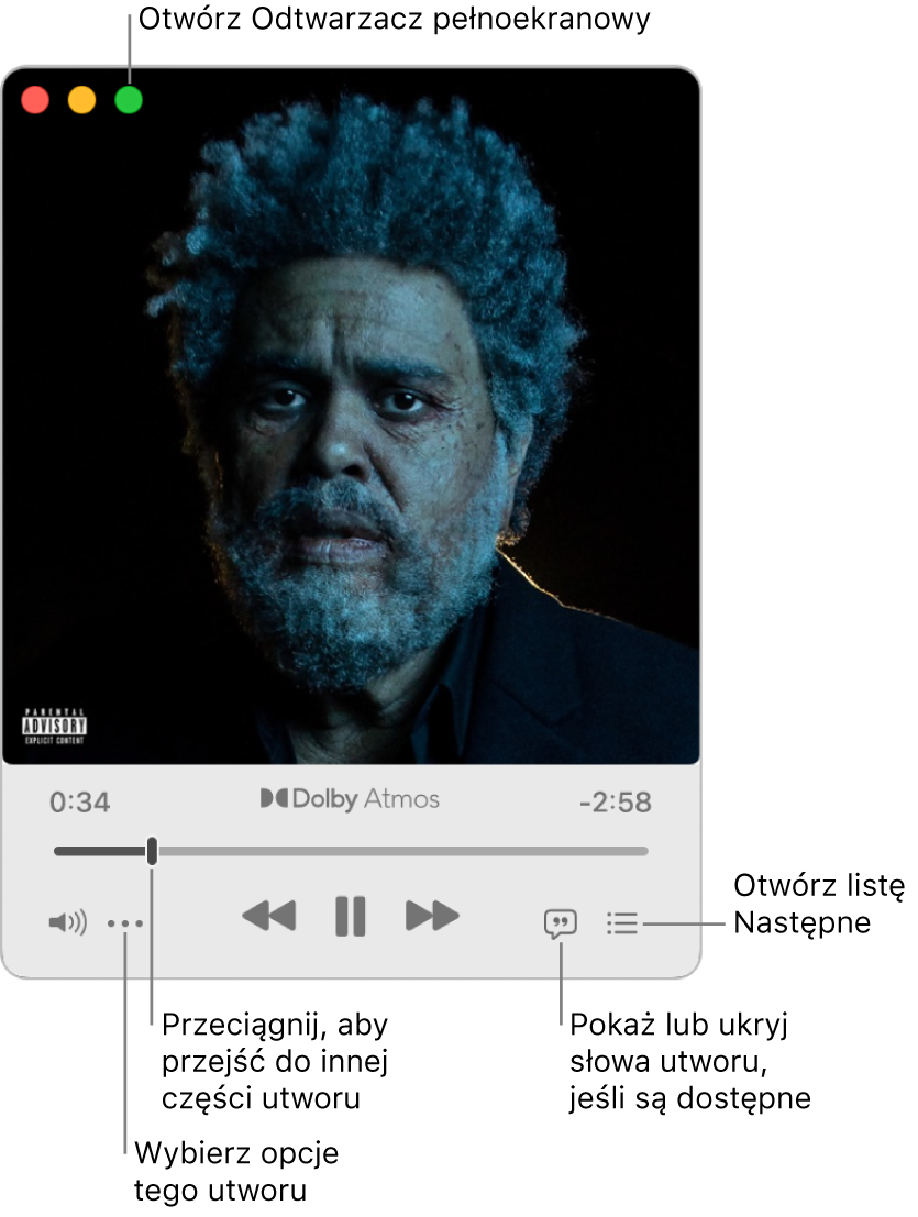 Rozwinięty miniodtwarzacz, wyświetlający narzędzia do obsługi odtwarzanego utworu. W lewym górnym rogu znajdują się narzędzia okna, pozwalające na otwieranie i zamykanie odtwarzacza na pełnym ekranie. W głównej części okna widoczna jest grafika albumu aktualnie odtwarzanego utworu. Poniżej grafiki znajduje się suwak umożliwiający przechodzenie do innych miejsc utworu oraz przyciski regulacji głośności, wyświetlania słów oraz sprawdzania listy utworów odtwarzanych w następnej kolejności.