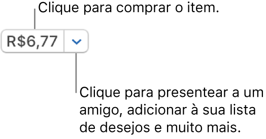 Botão exibindo preço. Clique no preço para comprar o item. Clique na seta ao lado do preço para dar o item de presente a um amigo, adicionar o item à lista de desejos e muito mais.