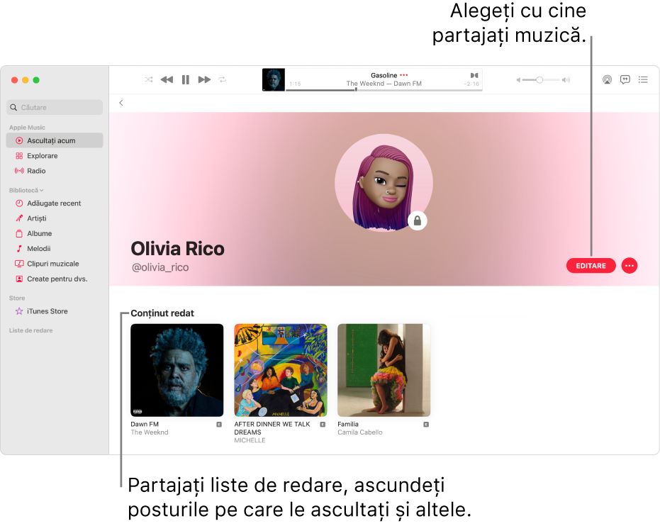 Pagina de profil din Apple Music: în partea dreaptă a ferestrei, faceți clic pe Editați pentru a alege cine vă poate urmări. În dreapta butonului Editați, faceți clic pe butonul Mai multe pentru partaja muzica dvs.