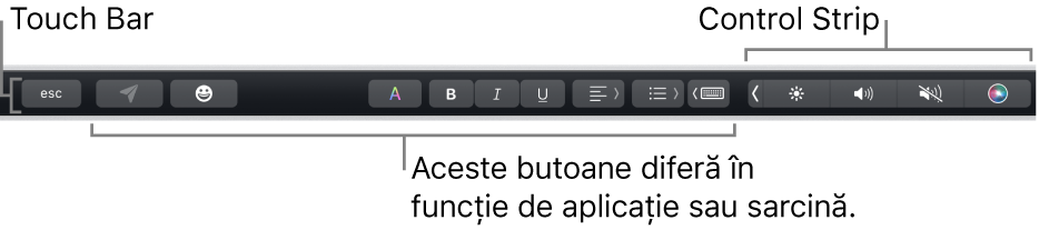 Touch Bar de-a lungul părții de sus a tastaturii, afișând Control Strip restrâns în dreapta și butoane care variază în funcție de aplicație sau sarcină.