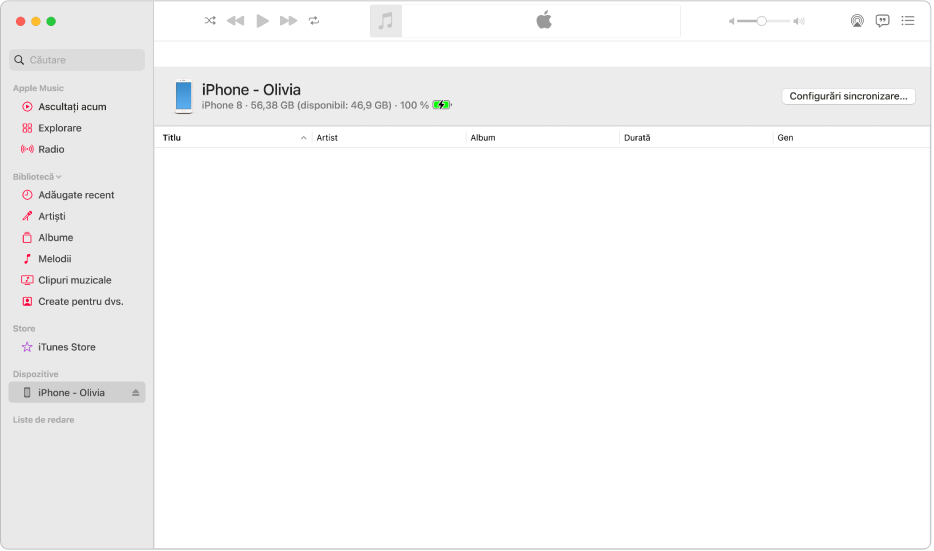 Fereastra aplicației Muzică afișând un dispozitiv (iPhone‑ul Iuliei) în bara laterală. Butonul Configurări sincronizare din colțul din dreapta sus deschide Finder.