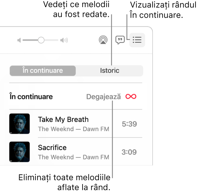 Colțul din dreapta sus al ferestrei Muzică afișând butonul “În continuare” în bannerul care prezintă coada “În continuare”. Faceți clic pe linkul Istoric pentru a vedea melodiile redate anterior. Faceți clic pe linkul “Degajează” pentru a elimina toate melodiile din coadă.