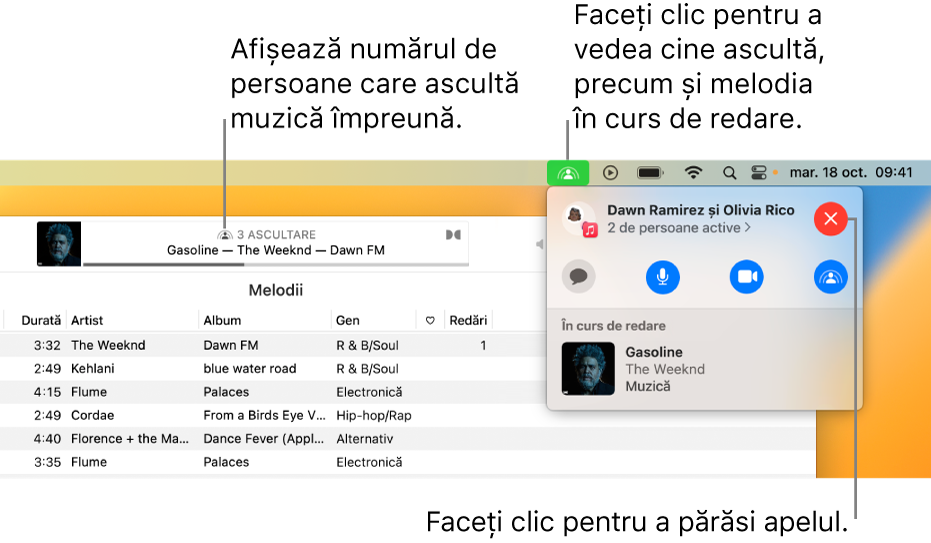 Fereastra Apple Music, cu o melodie în curs de redare în timpul utilizării SharePlay. Fereastra de redare afișează câte persoane ascultă muzică împreună. În dreapta, se face clic pe pictograma SharePlay și puteți vedea cine ascultă și melodia aflată în curs de redare. Dedesubt, puteți face clic pe butonul Închide.