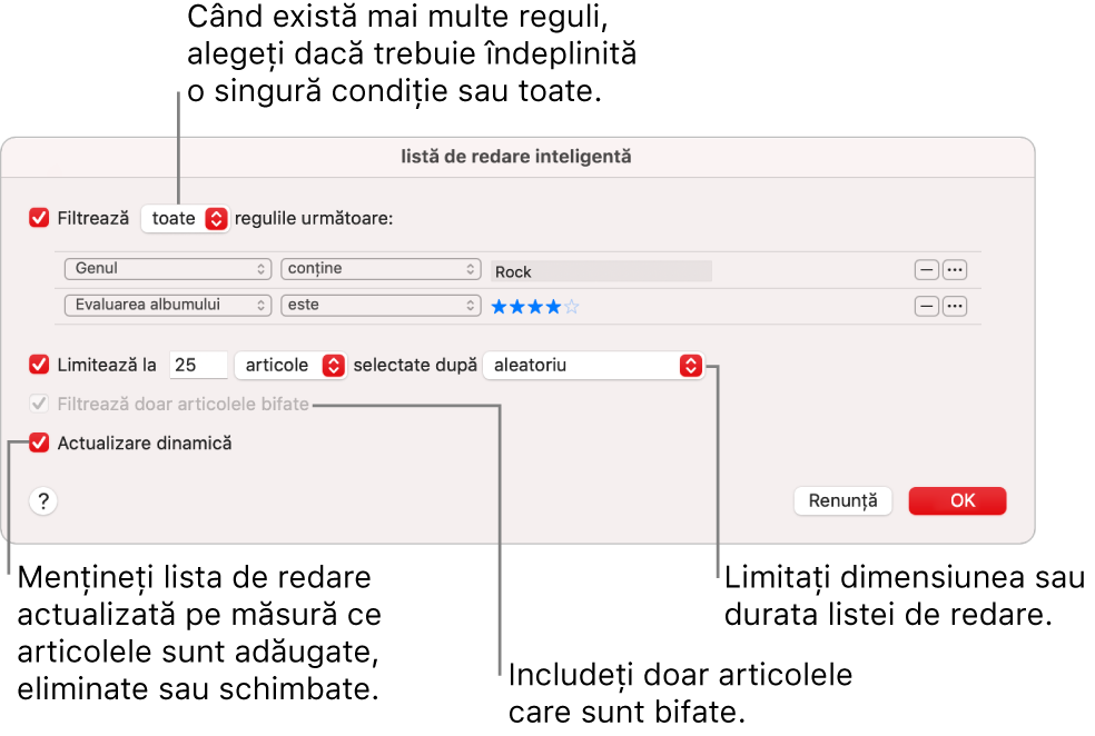 Dialogul Listă de redare inteligentă: În colțul din stânga sus, selectați Filtrează, apoi specificați criteriile listei de redare (cum ar fi genul sau evaluarea). Continuați să adăugați sau să eliminați reguli făcând clic pe butoanele Adaugă sau Elimină din colțul din dreapta sus. Selectați diferite opțiuni în porțiunea inferioară a dialogului, cum ar fi limitarea dimensiunii sau a duratei listei de redare, includerea doar a melodiilor bifate sau configurarea aplicației Muzică astfel încât să actualizeze lista de redare pe măsură ce se modifică articolele din bibliotecă.