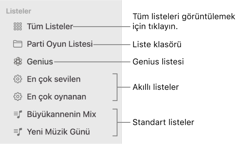 Çeşitli liste türlerini gösteren Müzik kenar çubuğu: Genius listeleri, Akıllı ve standart listeler. Tümünü görüntülemek için Tüm Listeler’i tıklayın.