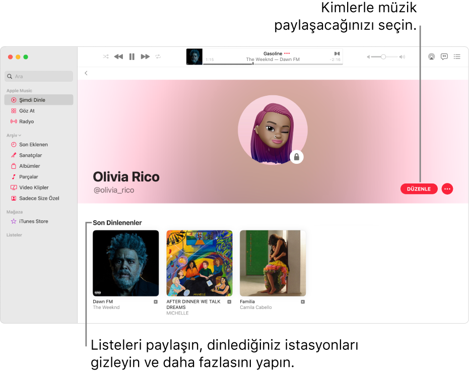 Apple Music’te profil sayfası: sizi takip edebilecekleri seçmek için pencerenin sağ kenarındaki Düzenle’yi tıklayın. Müziklerinizi paylaşmak için Düzenle düğmesinin sağındaki Daha Fazla düğmesini tıklayın.