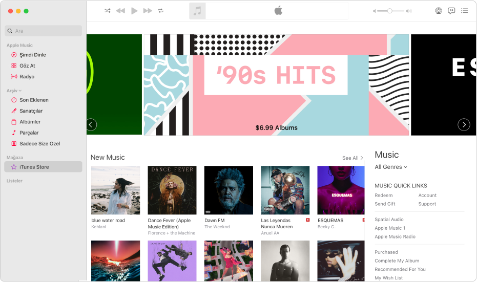 iTunes Store ana penceresi: kenar çubuğunda, iTunes Store vurgulanır.