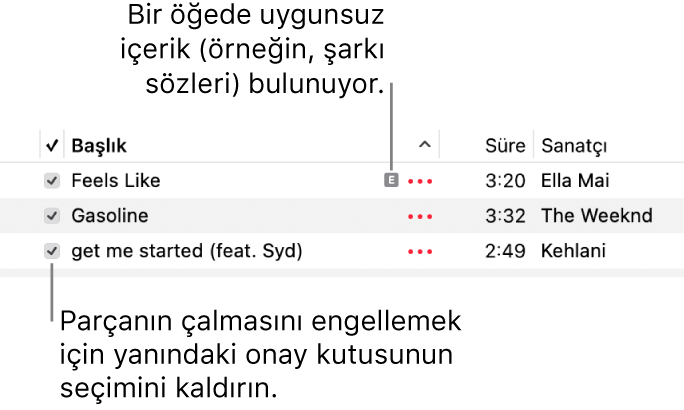 Müzik’teki parça listesine ait, onay kutularını ve ilk parça için (şarkı sözleri gibi uygunsuz içeriğe sahip olduğunu belirten) bir uygunsuz sembolü gösteren ayrıntılı bilgiler. Bir parçanın çalmasını engellemek için yanındaki onay kutusunun seçimini kaldırın.