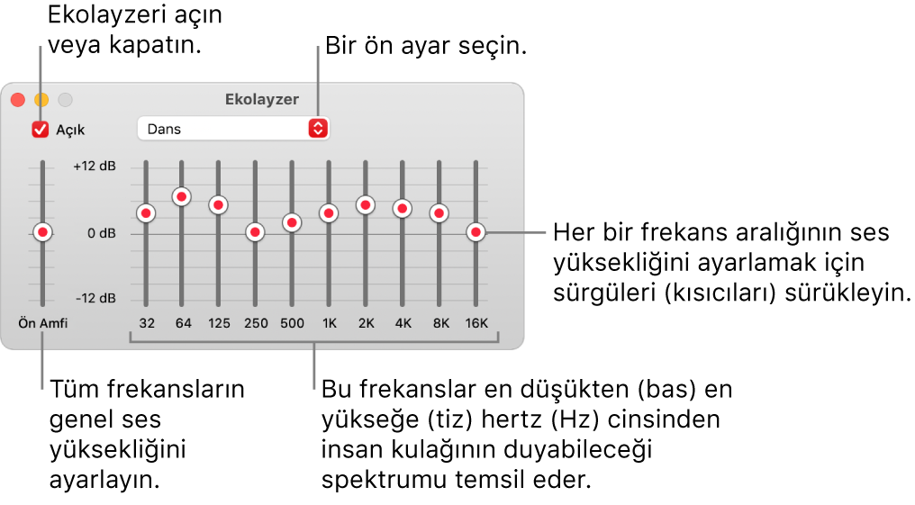 Ekolayzer penceresi: Müzik ekolayzerini etkinleştirmeyi sağlayan onay işareti sol üst köşede bulunur. Bunun yanında ekolayzer ön ayarlarını içeren açılır menü yer alır. En sol tarafta, ön amfili frekansların genel ses yüksekliğini ayarlayın. Ekolayzer ön ayarlarının alt tarafında, en düşükten en yükseğe insan kulağının duyabileceği spektrumu temsil eden farklı frekans aralıklarının ses düzeyini ayarlayın.