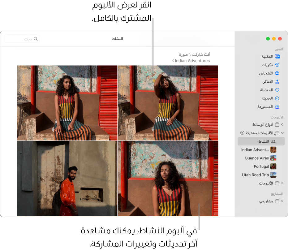 نافذة الصور تتضمن "النشاط" محددًا في الشريط الجانبي ويظهر ألبوم النشاط على اليسار.