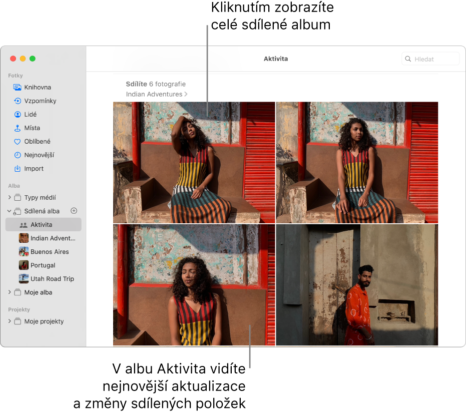 Okno Fotek, v němž je na bočním panelu vybrána položka Aktivita a napravo je zobrazeno album Aktivita