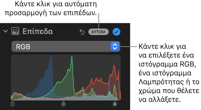 Τα χειριστήρια «Επίπεδα» στο τμήμα «Προσαρμογή», με το κουμπί «Αυτόματα» πάνω δεξιά και το ιστόγραμμα RGB από κάτω.