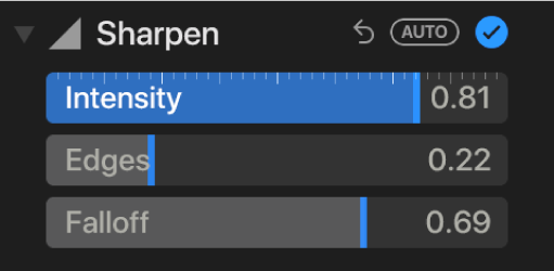 The Sharpen controls in the Adjust pane, showing the Intensity, Edges and Falloff sliders.