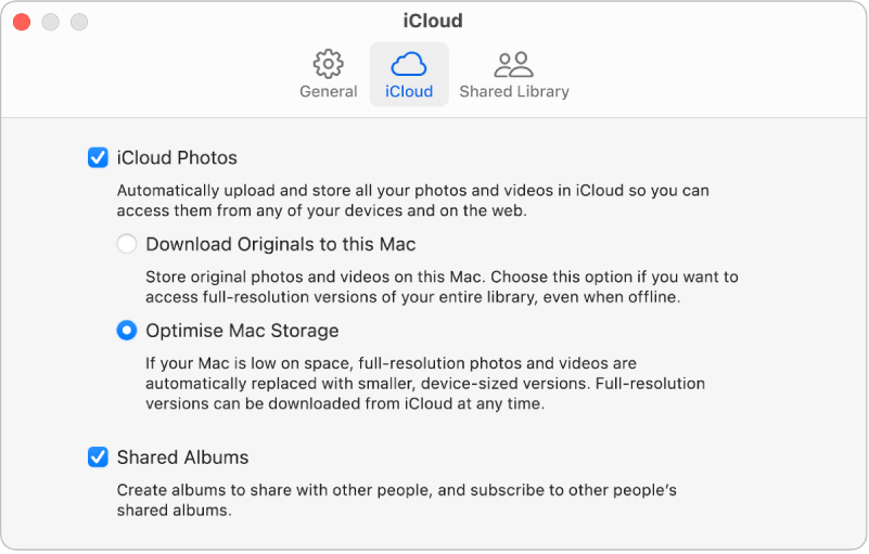 The iCloud pane of Photos settings.