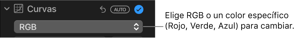Los controles de Curvas en el panel Ajustar mostrando el botón RGB seleccionado en el menú desplegable.
