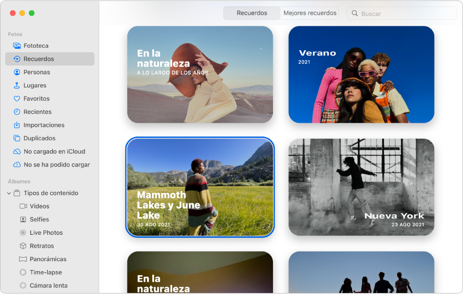 La ventana Fotos con la función Recuerdos en la barra lateral y recuerdos mostrados a la derecha.