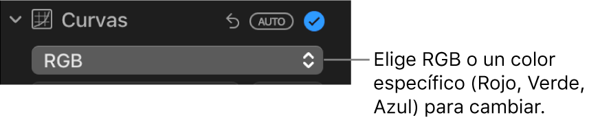 Los controles de Curvas en el panel Ajustar, que muestra RGB seleccionado en el menú desplegable.