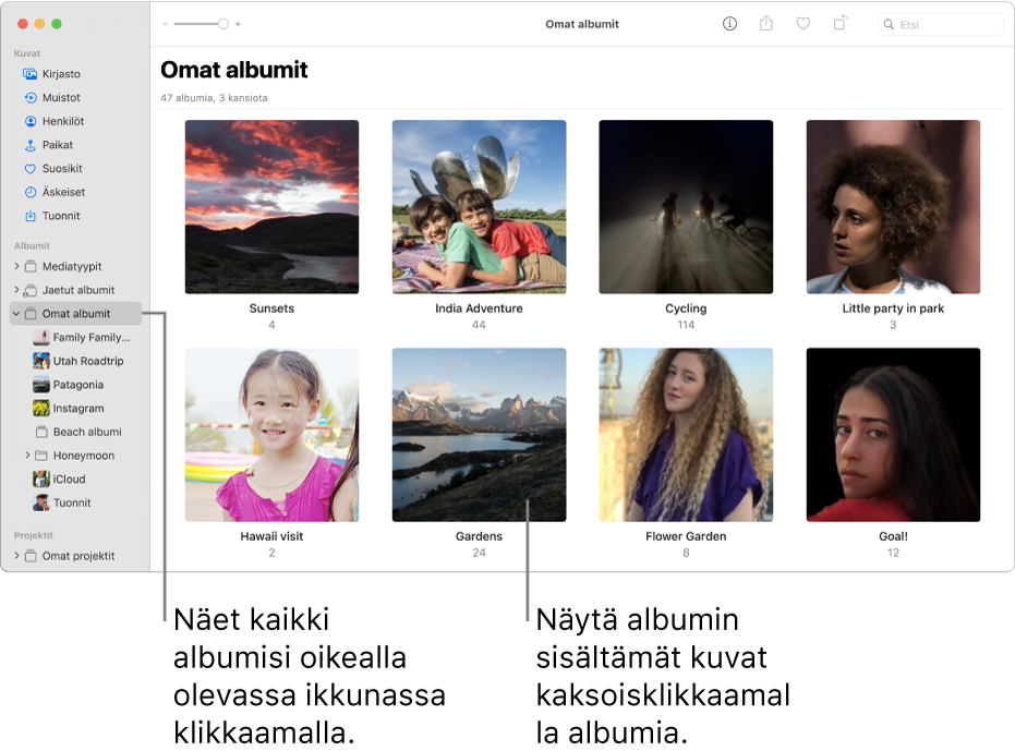 Kuvat-ikkuna, jossa Omat albumit on valittuna, ja luomasi albumit näkyvät ikkunassa oikealla.