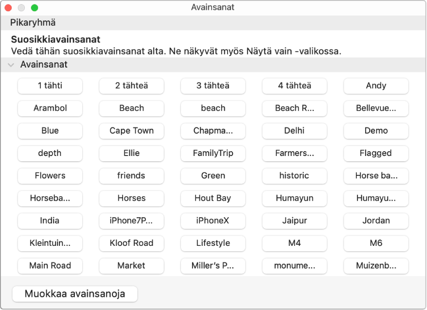 Avainsanat Avainsanojen hallinta -ikkunassa, jossa Pikaryhmä-alue ylhäällä ja Muokkaa avainsanoja -painike alhaalla vasemmalla.