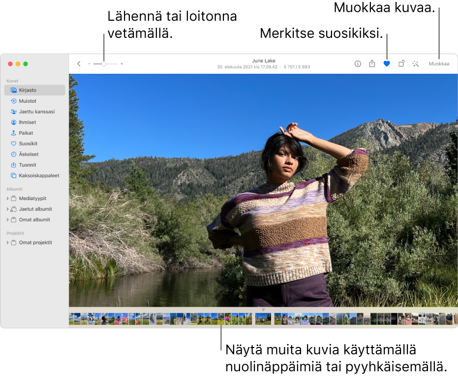 Kuvat-ikkuna, jossa näkyy suurennettu kuva oikealla ja miniatyyrien rivi alapuolella. Yläreunassa olevassa työkalupalkissa on zoomausliukusäädin, suosikkipainike ja muokkauspainike.
