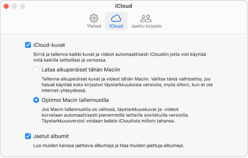 Kuvat-asetusten iCloud-osio.