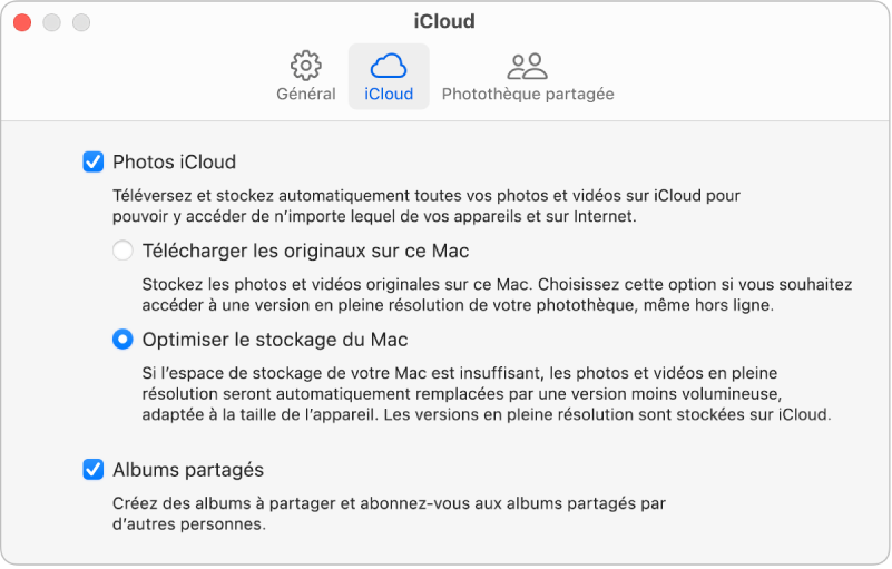 La sous-fenêtre iCloud des réglages Photos.