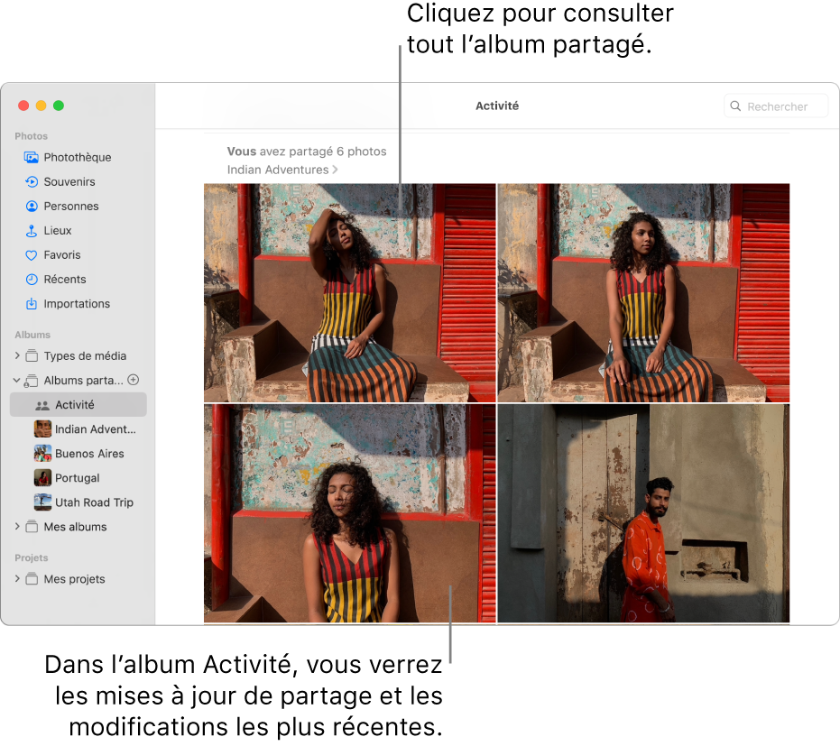 La fenêtre Photos affichant Activité sélectionné dans la barre latérale et l’album Activité affiché sur la droite.