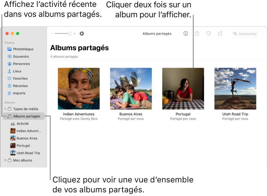 La fenêtre Photos montrant « Albums partagés » sélectionné dans la barre latérale et les albums partagés qui s’affichent à droite.