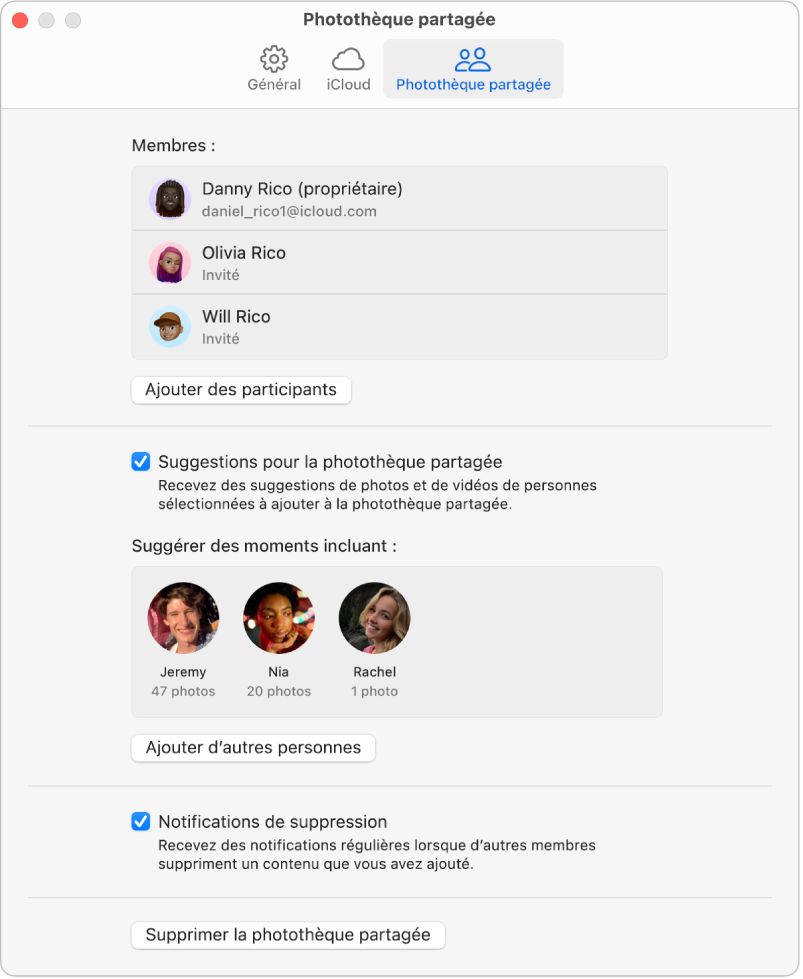 La sous-fenêtre « Photothèque partagée » des réglages Photos.