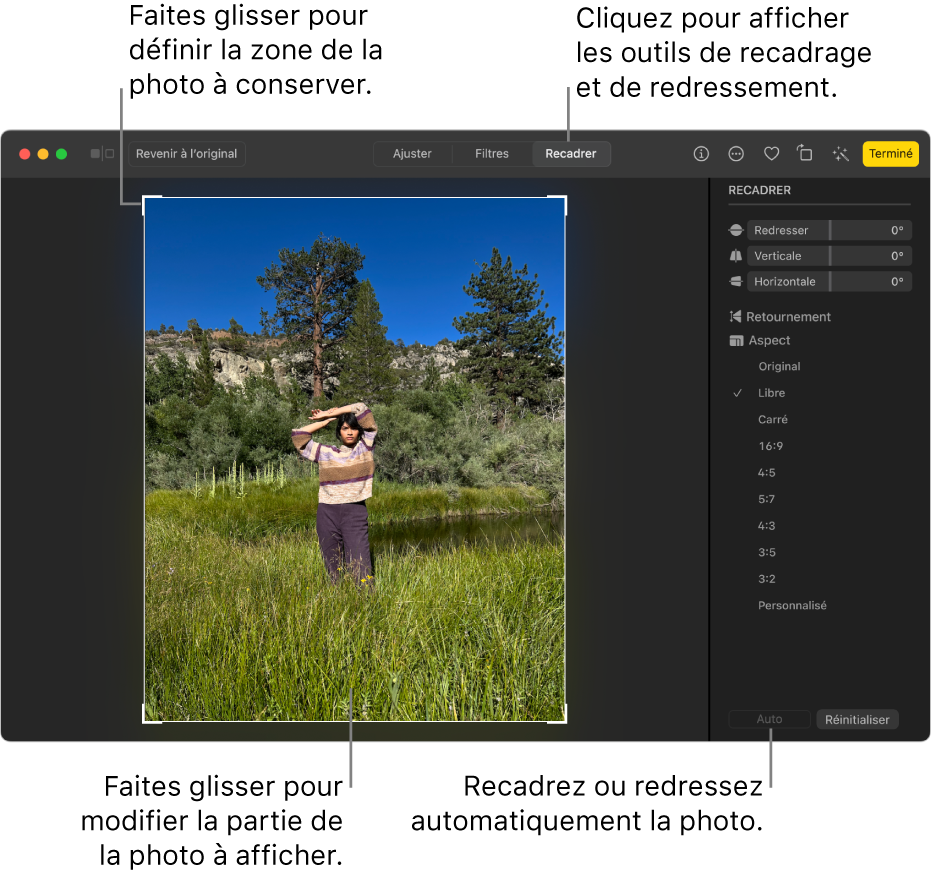 Une photo en mode édition, avec l’outil Recadrer sélectionné dans la barre d’outils, un rectangle de sélection autour de la photo, ainsi que des curseurs de redressement, des options de proportions, et des boutons Auto et Réinitialiser à droite.
