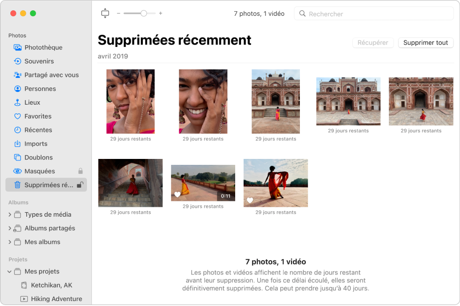 La fenêtre Photos présentant l’album « Supprimées récemment » sélectionné dans la barre latérale et les éléments récemment supprimés affichés à droite.