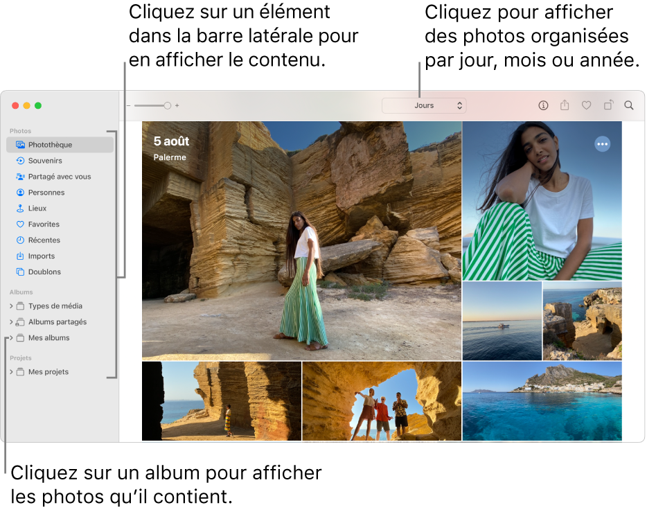 Fenêtre principale de Photos avec la barre latérale à gauche, les photos organisées par jours à droite et les boutons Années, Mois, Jours et « Toutes les photos » dans la barre d’outils en haut.