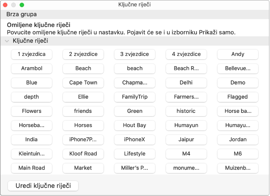 Ključne riječi u prozoru Upravitelja ključnim riječima s područjem Brze grupe pri vrhu i tipkom Uredi ključne riječi na donjoj lijevo strani.