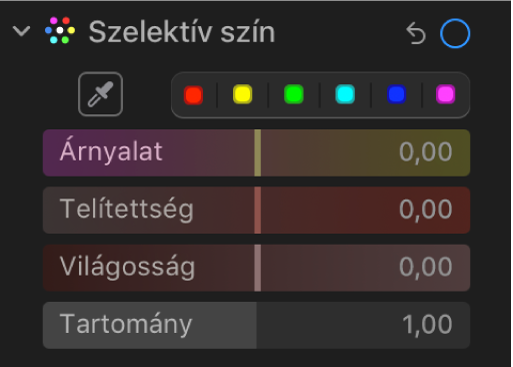 A Beállítás panel Szelektív szín vezérlői az Árnyalat, Telítettség, Világosság és Tartomány csúszkákkal.