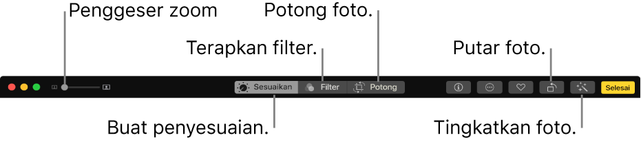 Bar alat Edit menampilkan penggeser Zoom dan tombol untuk membuat penyesuaian, menambahkan filter, memotong foto, memutar foto, dan meningkatkan foto.