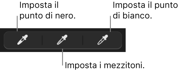 Tre contagocce utilizzati per impostare il punto di nero, i mezzitoni e il punto di bianco della foto.