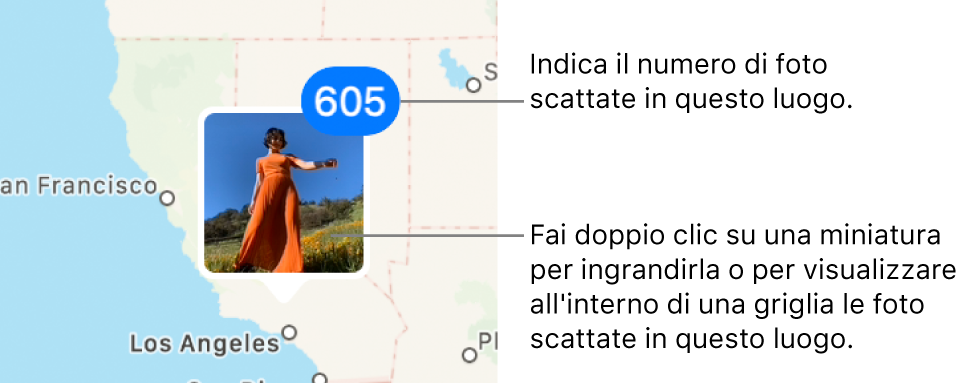 Una miniatura della foto su una mappa, con un numero nell'angolo superiore destro che indica il numero di foto scattate in quella località.