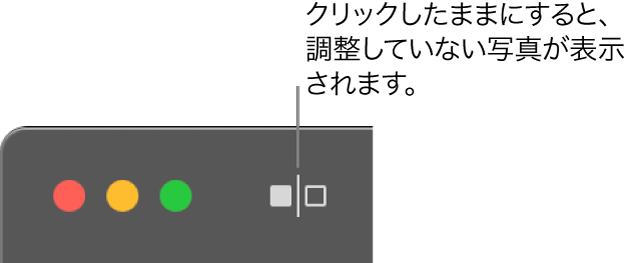 「調整なし」ボタン。ウインドウの左上隅にあるウインドウコントロールの横にあります。